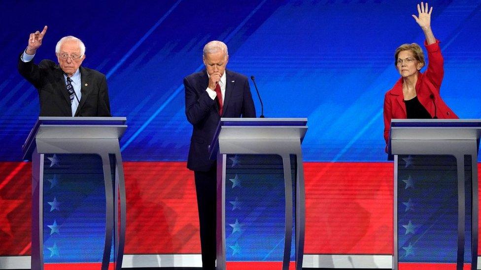 Biden, Sanders and Warren on the debate stage