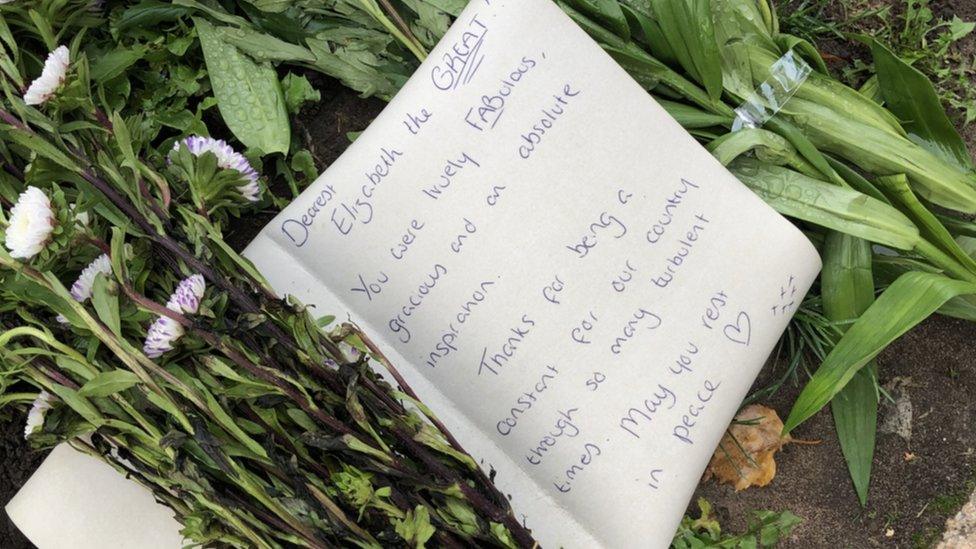 Tribute left at Birmingham Cathedral reading: 'Dearest Elizabeth the Great, you were truly fabulous, gracious and an absolute inspiration. Thanks for being a constant for our country through so many turbulent times. May you rest in peace.'