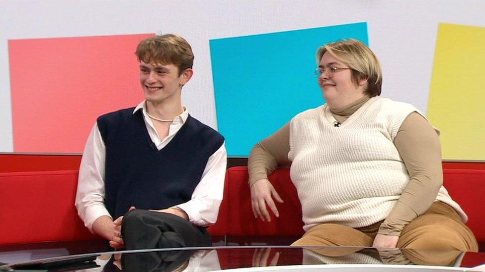 Jayde Adams and Dan Hiscox on the BBC Points West sofa with a colourful blocks background