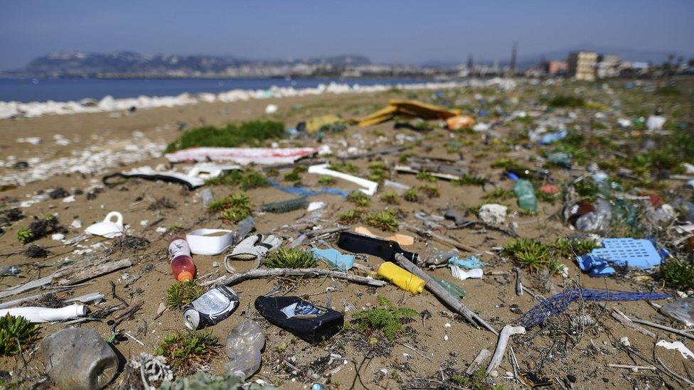 The plastic waste abandoned on the beach of the sea of Naples.