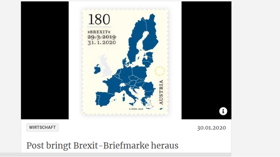 Austrian commemorative stamp with the date 31 January 2020 below the earlier, one of 29 March 2019 with a line through it