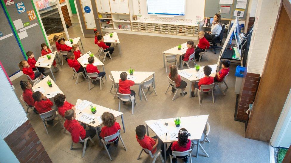 Pupils on their first day back to school at Charles Dickens Primary School, in London