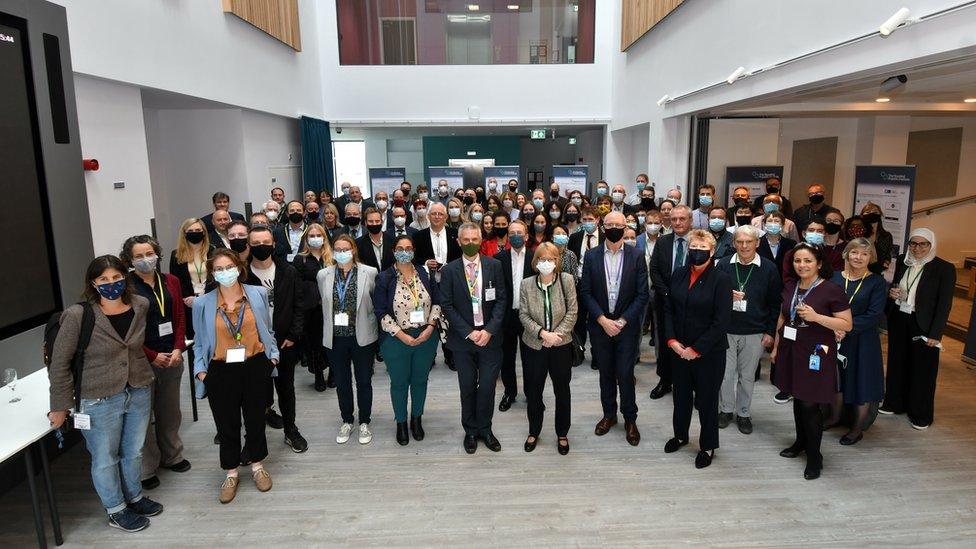 People at the opening of the Rosalind Franklin Building in Harwell