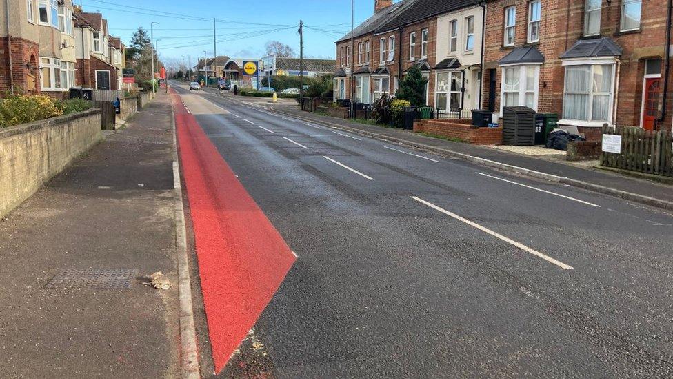 The cycle lane on Lyde Road