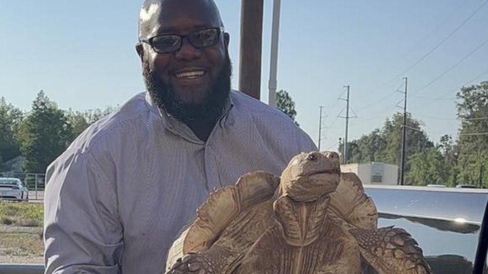 Biscuit the tortoise and his owner