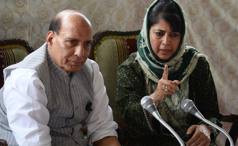 Chief Minister of Jammu and Kashmir Mehbooba Mufti and India's Home Minister speaking at a press conference