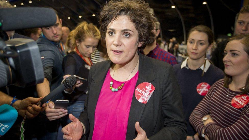 The SDLP's Claire Hanna talks to the media after her election in South Belfast