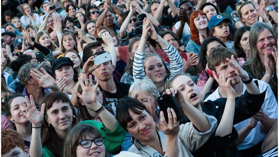 Crowds at Marble Arch watching Greta