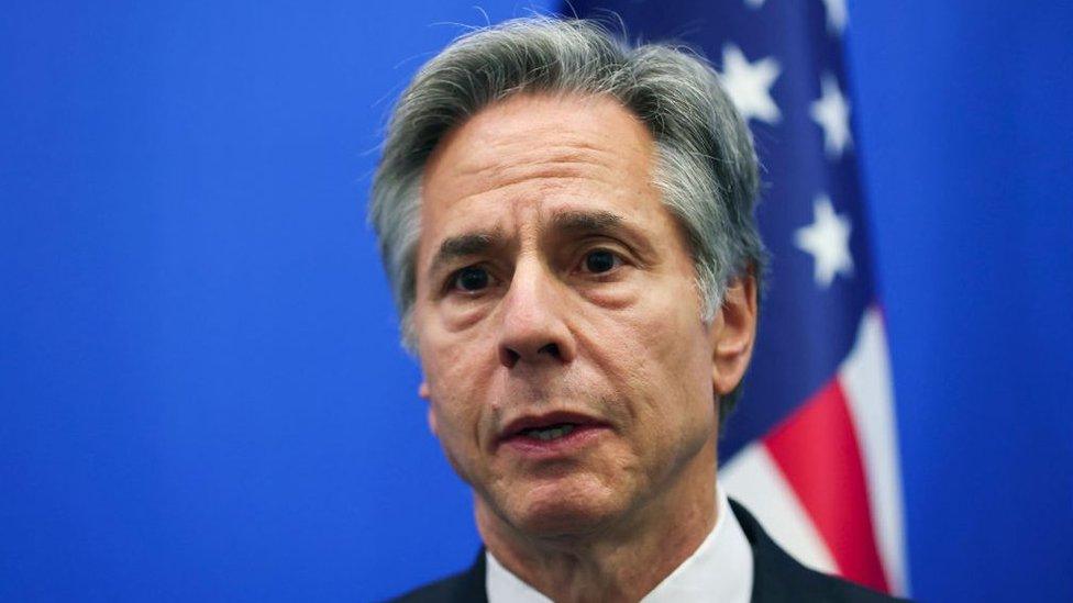 US Secretary of State Antony Blinken speaks during a meeting with Ukraine's foreign minister, at the NATO Alliance's headquarters in Brussels, on April 4, 2024.