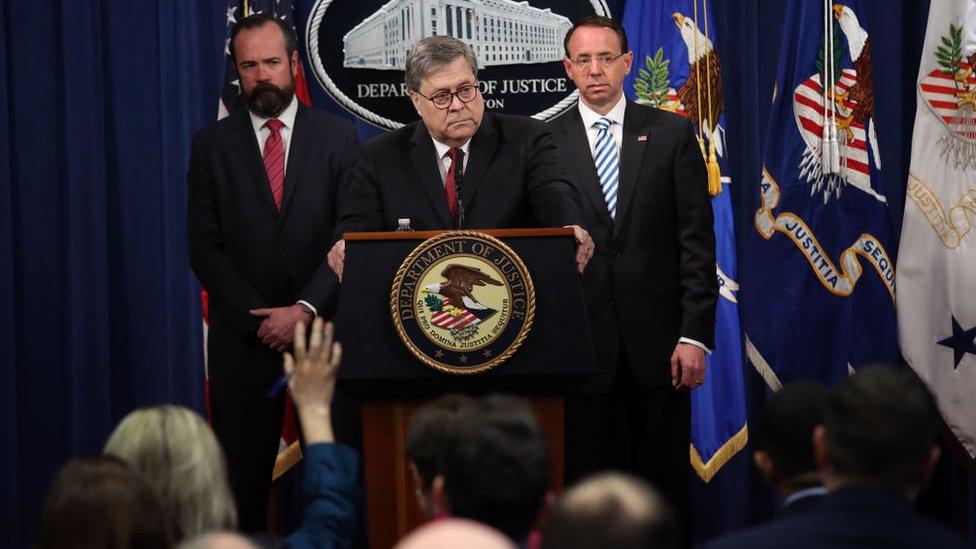 Attorney General William Barr takes questions about the release of the redacted version of the Mueller Report at the Department of Justice April 18, 2019 in Washington, DC