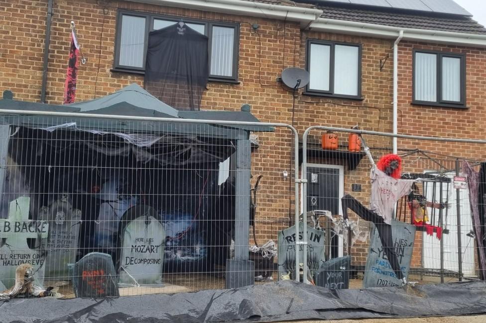 Halloween decorations outside a house in Heanor