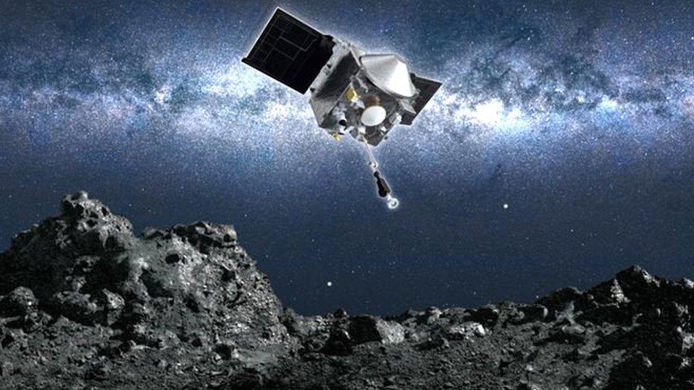 Artwork: Osiris-Rex approaching the surface of Asteroid Bennu