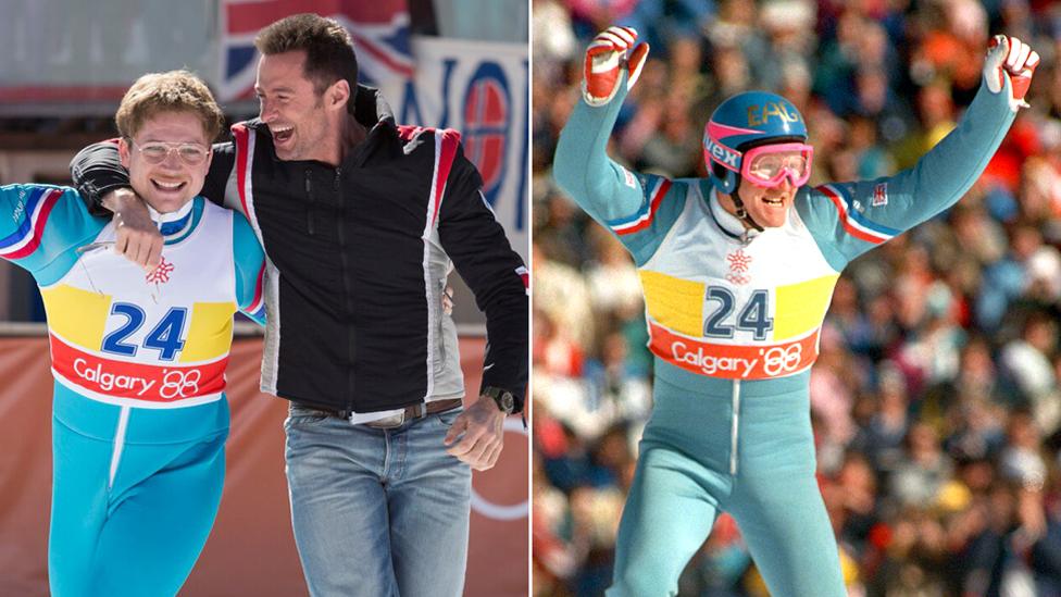 Composite image of Taron Egerton and Hugh Jackman (left) alongside Eddie 'The Eagle' Edwards