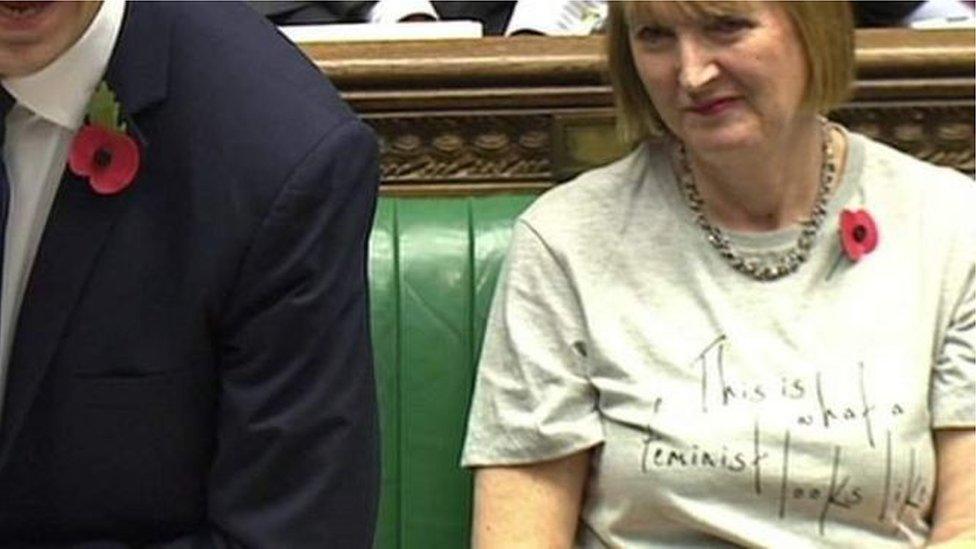 Harriet Harman wearing a "this is what a feminist looks like" T-shirt in the Commons