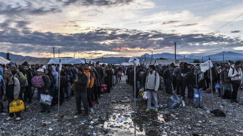 Lines of refugees wait to be processed