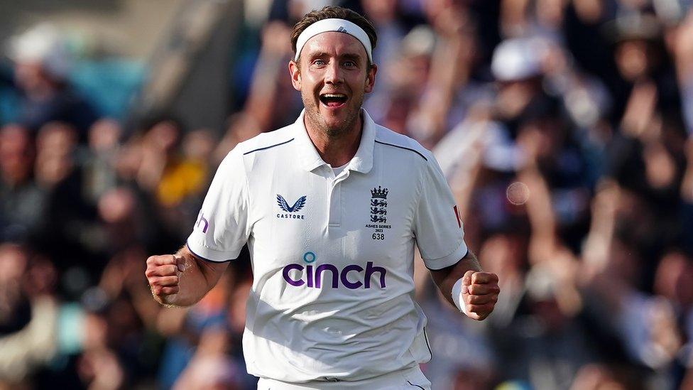 Stuart Broad celebrates taking the wicket of Australia's Alex Carey to win the fifth and final test in south London