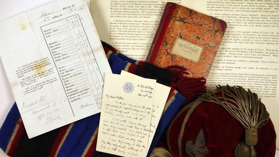 Items from the exhibition including a college cap from the early 20th Century and a Classics exam paper from 1802