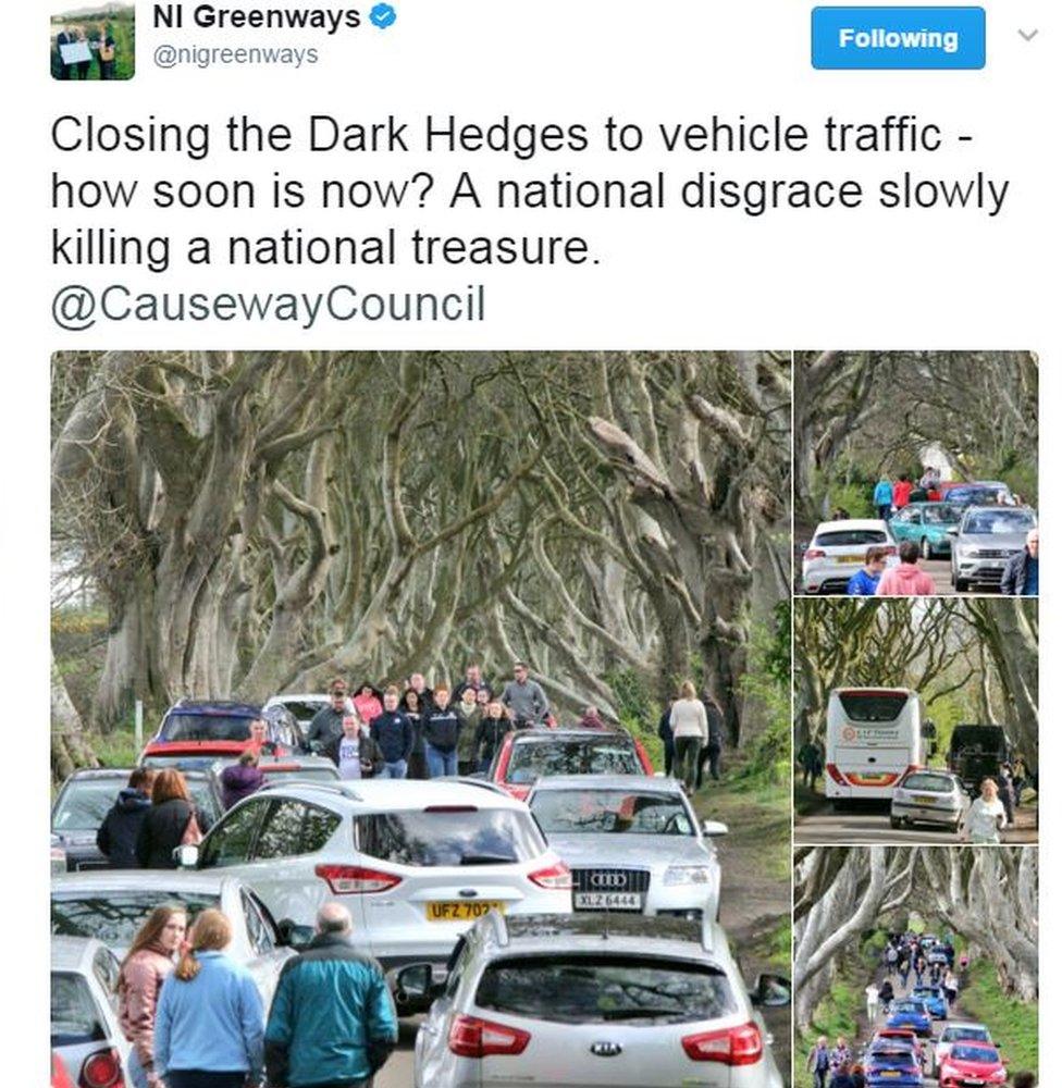 Tweet: Closing the Dark Hedges to vehicle traffic - how soon is now? A national disgrace slowly killing a national treasure. @CausewayCouncil