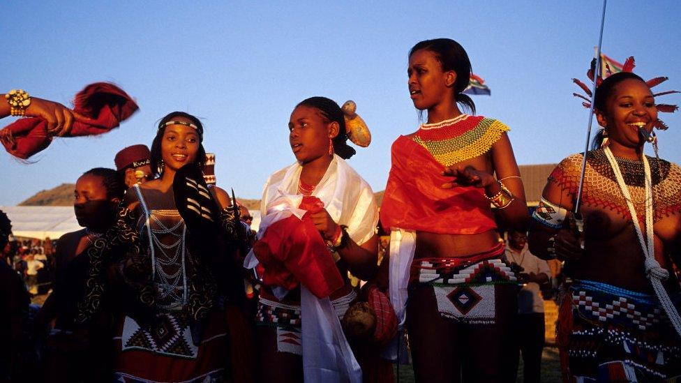 Zulu princesses dance at the Royal Palace during the annual Reed Dance on September 11, 2004