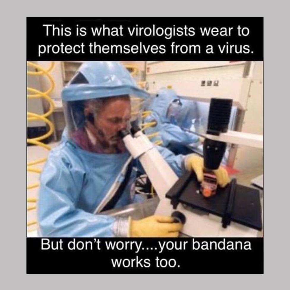 Meme of a man in hazmat suit in a lab. Text reads "This is what virologist wear to protect themselves from a virus. But don't worry your bandana works too."