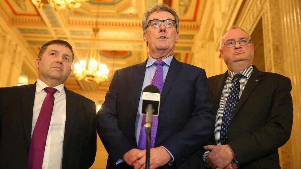 UUP leader Mike Nesbitt with party colleagues Robin Swann and Steve Aiken