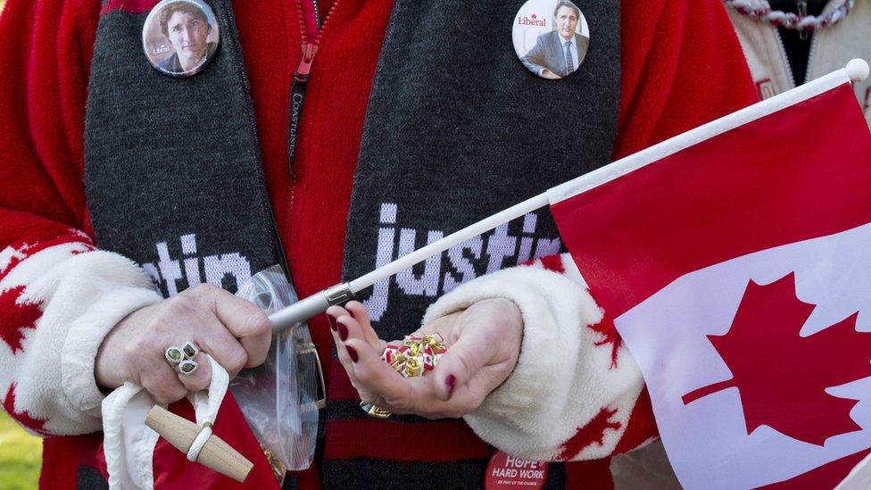 Trudeau fan wearing Trudeau badges