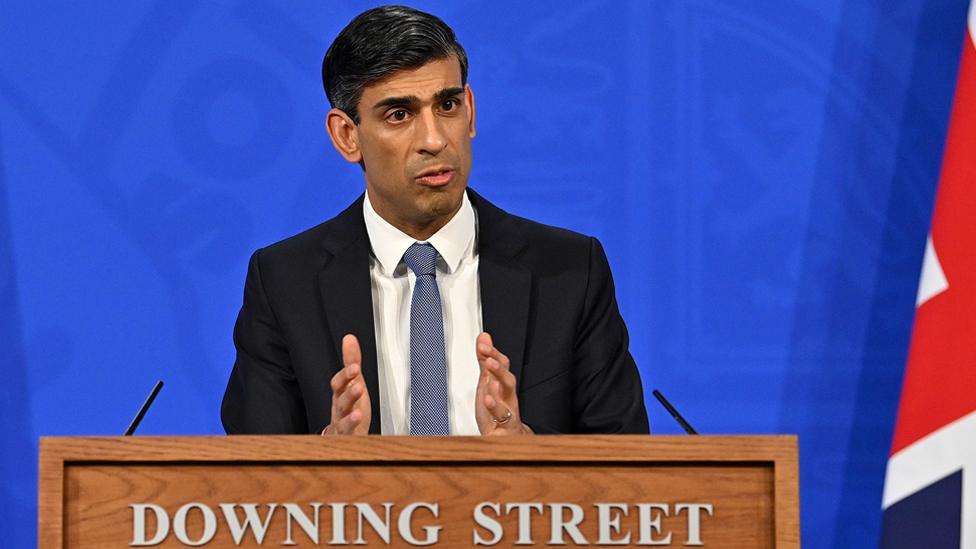 Chancellor Rishi Sunak speaking at a press conference in Downing Street, London, on 3 February 2022