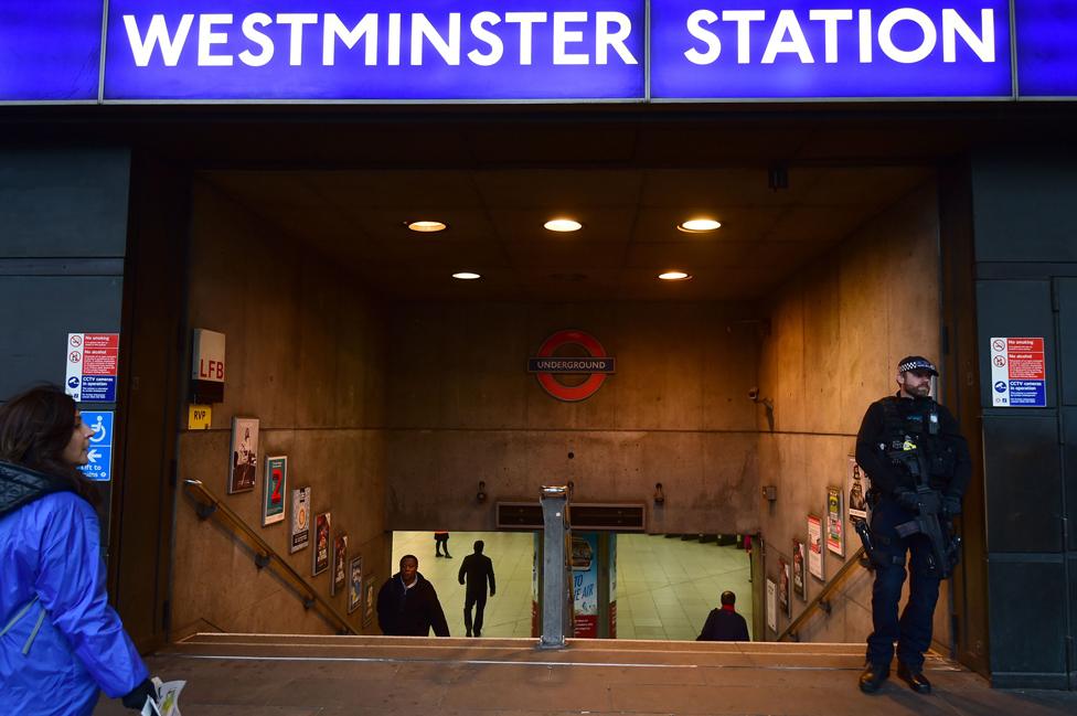 Armed police outside Westminster underground station, Friday morning