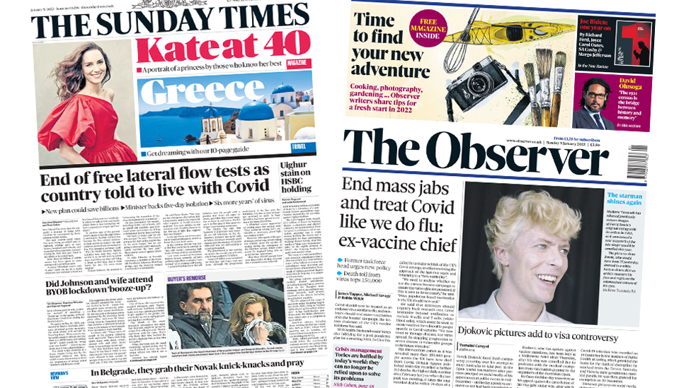 The Sunday Times and Observer front pages 9 January 2022