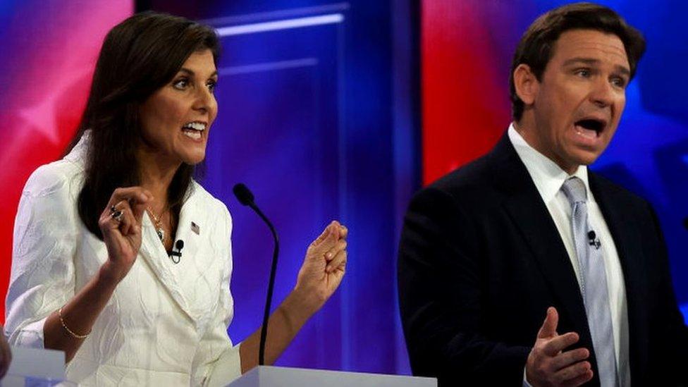 Image shows Nikki Haley and Ron DeSantis at the debate