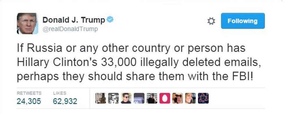 Donald Trump tweet: If Russia or any other country or person has Hillary Clinton's 33,000 illegally deleted emails, perhaps they should share them with the FBI.