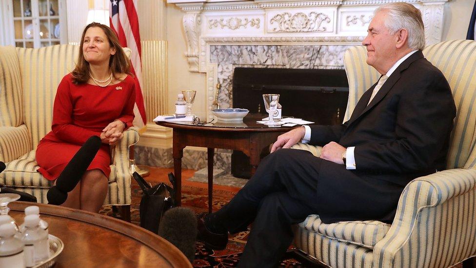 U.S. Secretary of State Rex Tillerson (R) pose for photographs with Canadian Minister of Foreign Affairs Chrystia Freeland before meeting at the State Department February 8, 2017 in Washington, DC. Forty percent of the United States' petroleum imports in 2015 came from Canada, more than the next four importers combined.