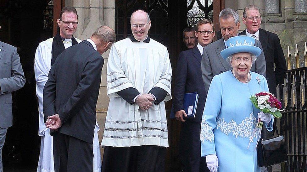 Queen Elizabeth II leaves St Michaels Roman Catholic Church in Enniskillen