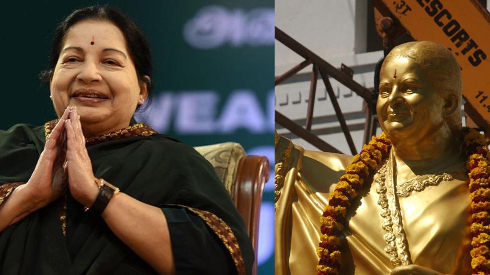 A comparison of Jayalalitha and the statue that was commissioned of her