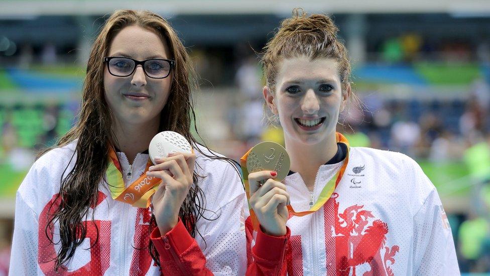 Champion Bethany Firth (right) and runner-up Jessica-Jane Applegate posed with their medals at the Olympic Aquatics Stadium