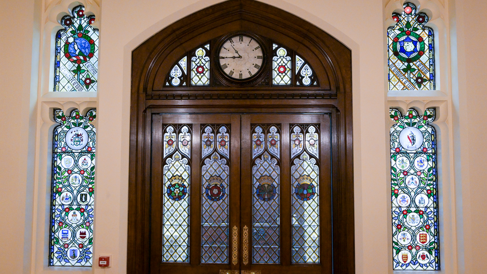 Stained glass window and door
