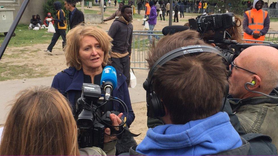 Children's Commissioner for England, Anne Longfield, being interviewed at Calais camp