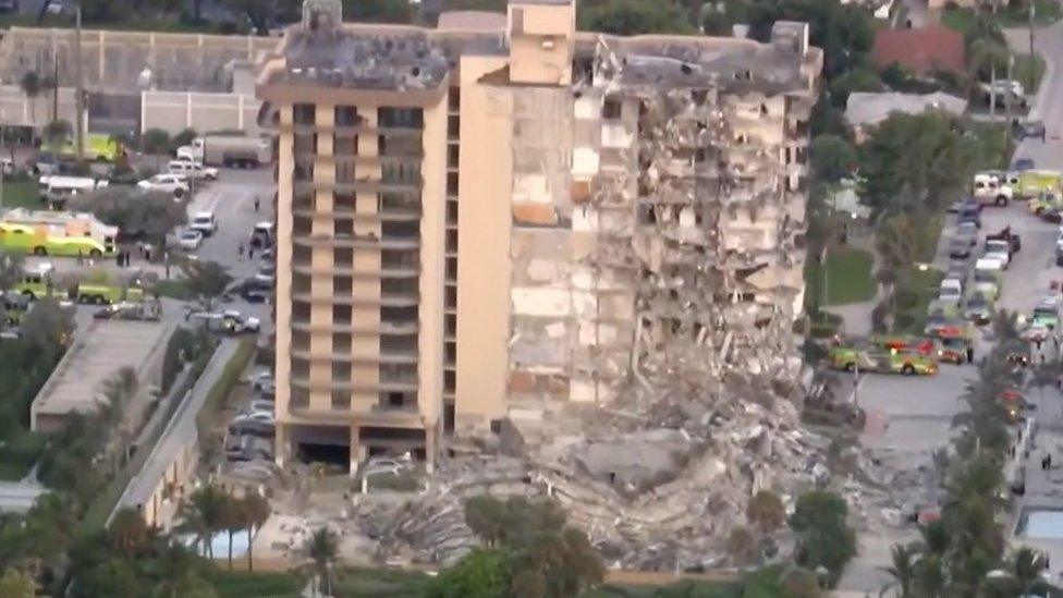 Aerial shot of the collapsed building