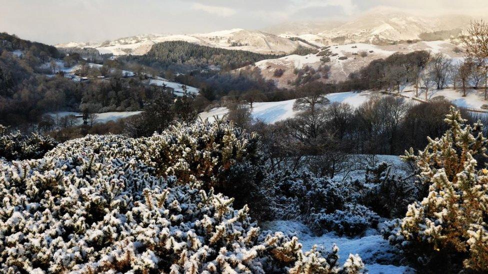 Hills around Llangollen covered in snow