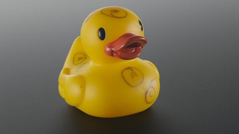 A yellow rubber duck with small pen marks showing letters A,B and C with circles round them.