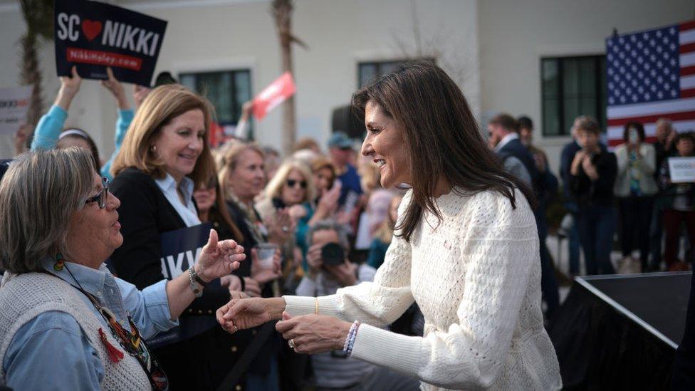 Nikki Haley, former governor of South Carolina and 2024 Republican presidential candidate, speaks during a bus tour campaign event at The George Hotel in Georgetown, South Carolina, US, on Thursday, Feb. 22, 2024