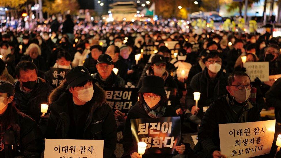 Tens of thousands of people gather for a protest near to Seoul city hall regarding the Halloween crush disaster in Itaewon on November 5, 2022 in Seoul, South Korea.