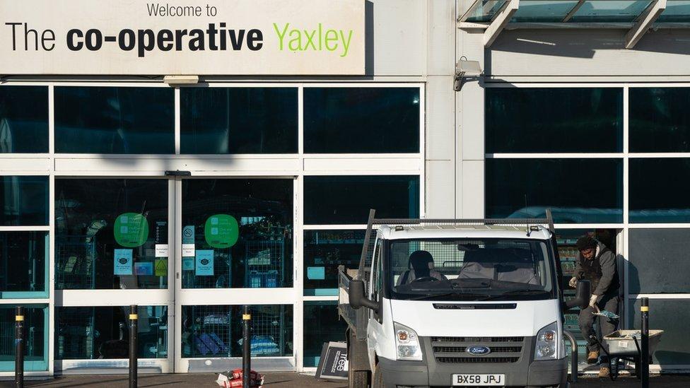 The scene at the Co-operative supermarket in Yaxley, Cambridgeshire, after thieves broke in and stole a cash machine in the early hours of the morning