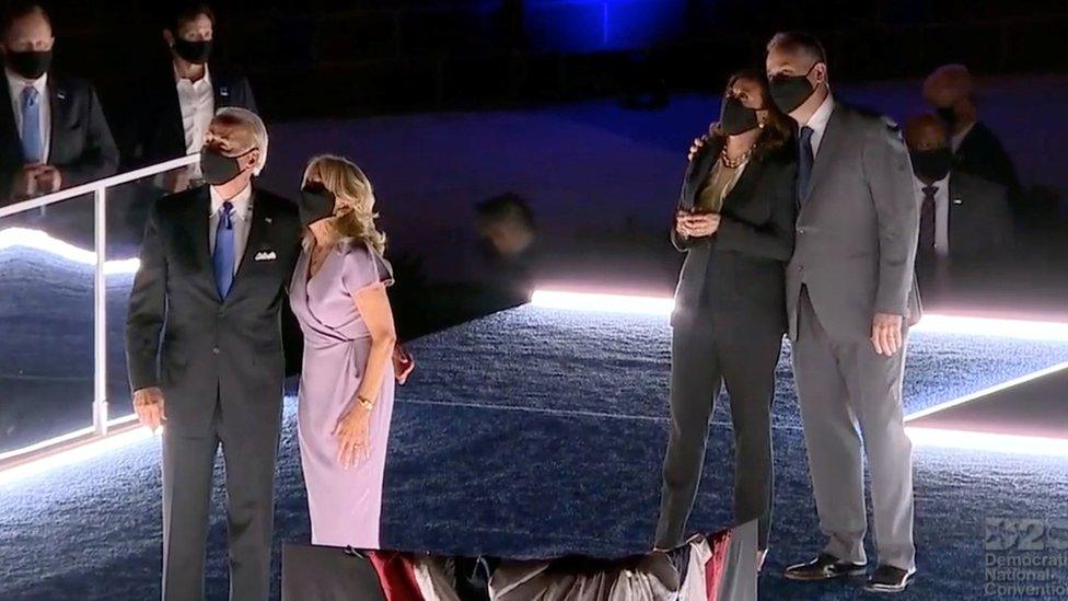 Democratic presidential candidate and former Vice President Joe Biden, his wife Jill Biden, U.S. Senator and Democratic candidate for Vice President Kamala Harris and her husband Douglas Emhoff celebrate after Joe Biden accepted the 2020 Democratic presidential nomination