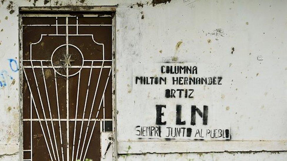 A graffiti of the ELN (National Liberation Army of Colombia) guerrillas is seen on a wall in El Palo, department of Cauca, Colombia, on March 15, 2016.