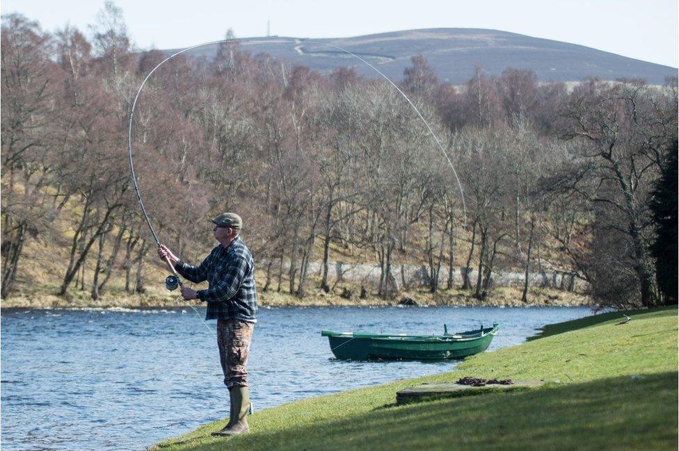 Fly fishing on the Tulchan estate on the River Spey in Scotland near Grantown-on-Spey