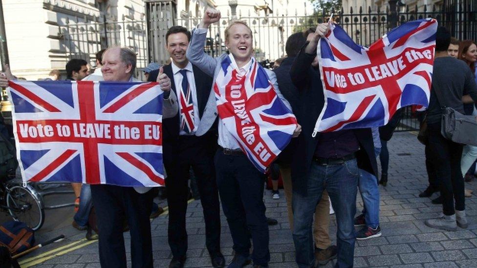 Vote leave supporters wave Union flags, following the result of the EU referendum, outside Downing Street in London