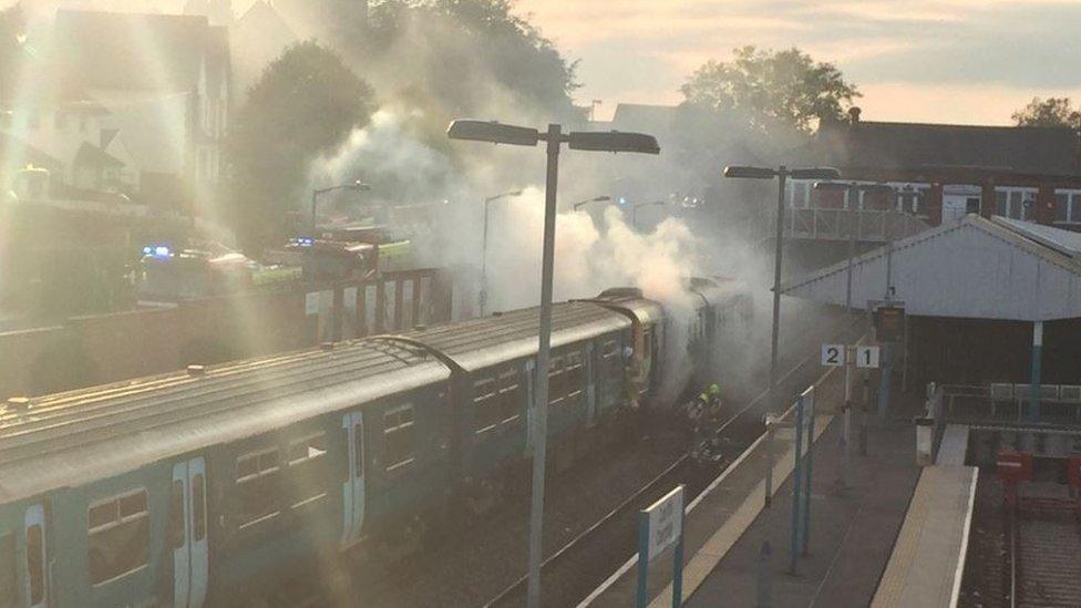 The train on fire at Caerphilly railway station