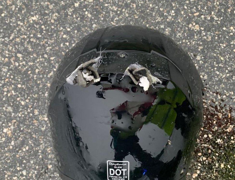 Florida Highway Patrol posted a photo of the shattered helmet