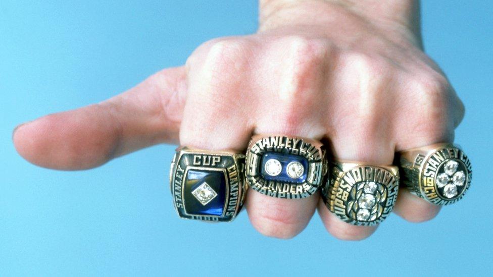 Some of the NHL's New York Islanders Stanley Cup Championship rings